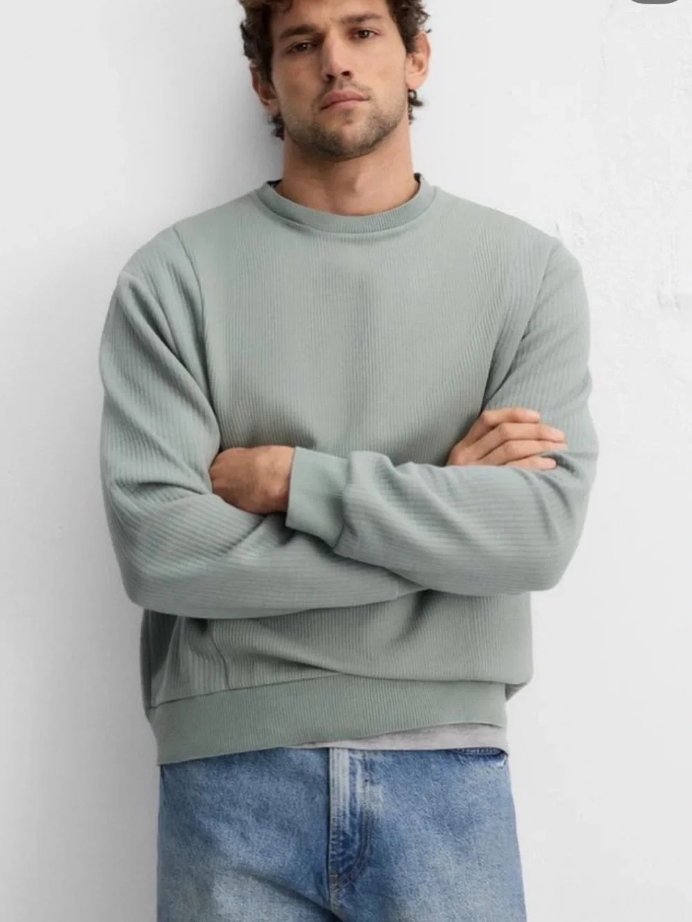 Zara Men's Sage Green Rib-Knit Crewneck Sweater